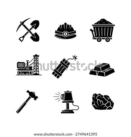 Collection of black and white icons representing mining equipment and resources