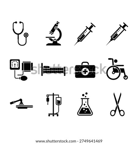 A collection of black and white icons representing various medical tools and equipment.