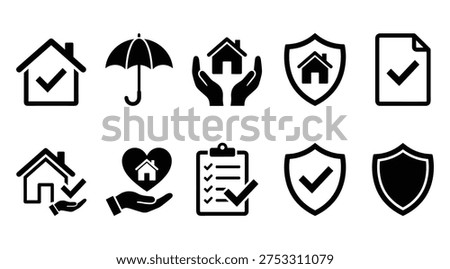A collection of black and white icons representing home protection, security, and safety. The set includes symbols such as a house with a checkmark, an umbrella, hands holding a house, shields, a clipboard with a checklist, and a heart with a house. These icons convey a sense of safety, security, and protection, making them suitable for use in various design projects related to real estate, insurance, or home security.