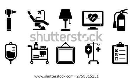 A collection of black and white icons representing various medical equipment and hospital symbols, including a hair dryer, dental chair, lamp, computer monitor with heart rate, fire extinguisher, IV bag, hospital cart, picture frame, and clipboard. The illustration features a clean and simple design, making it suitable for use in healthcare marketing materials, medical websites, and educational resources.