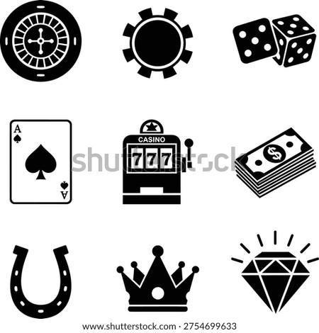 Collection of black and white icons representing various casino and gambling symbols, including poker chips, dice, playing cards, slot machine, money, horseshoe, crown, and diamond