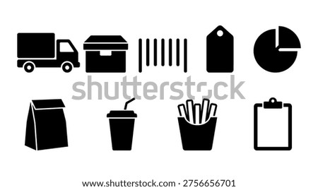 A collection of black and white icons representing food delivery and service, including a truck, pie chart, clipboard, and takeout containers, symbolizing business and logistics concepts.