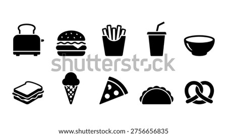 A collection of black and white icons representing various food items, including a toaster, burger, fries, soda, bowl, sandwich, ice cream, pizza, taco, and pretzel. This set can be used for menu design, food blog, or restaurant website.