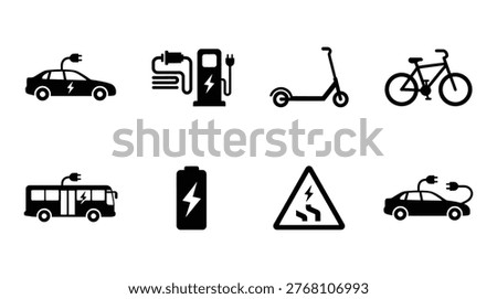 A collection of black and white icons representing eco-friendly transportation methods, including electric cars, bicycles, scooters, and buses, along with charging stations and battery symbols.