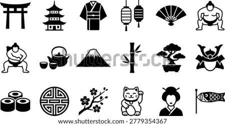 A collection of black and white icons representing Japanese culture, including a torii gate, pagoda, kimono, sushi, Mount Fuji, bonsai, and samurai helmet.