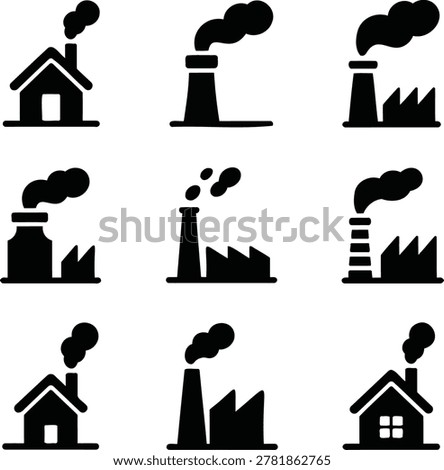 Collection of black and white icons representing various industrial factories and their smokestacks releasing plumes