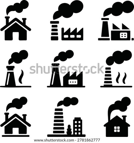 Collection of black and white icons representing various industrial factories and their smokestacks releasing plumes