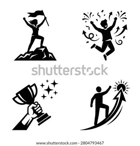 A collection of black and white icons representing success including a person on a mountain peak jumping for joy holding a trophy and climbing an arrow toward the sun