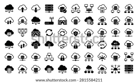 A collection of black and white icons representing cloud computing, data storage, networking, and digital security concepts. Icons include clouds with arrows, databases, servers, firewalls, virtual machines, and API symbols.