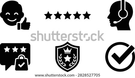 A collection of black and white icons representing customer satisfaction, service, quality assurance, and positive feedback, including ratings, support, and verified purchases.