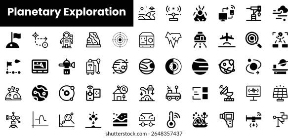 A collection of black and white icons showcasing themes of planetary exploration, including spacecraft, planetary surfaces, and scientific instruments.