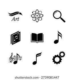 A collection of black and white icons symbolizing various fields of study and learning, including art, science, music, and literature.