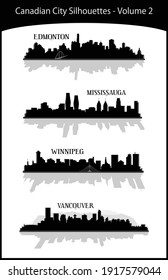 Collection of black and white illustrations of Canadian cities volume 2 downtown buildings skylines silhouettes including Edmonton, Winnipeg, Vancouver, Mississauga. Illustrator eps vector graphics.