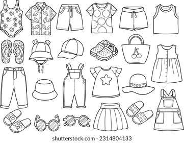 A collection of black and white  illustrations depicting various clothing items suitable for summertime. 