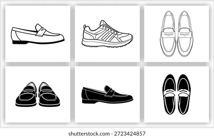 A collection of black and white illustrations displaying various types of men's shoes, including side and top views of loafers in both outline and solid silhouette styles, alongside a single outlined athletic sneaker.   