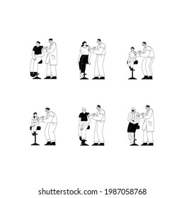 A collection of black and white illustrations of doctors and nurses vaccinating men women and children