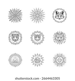 Coleção de ilustrações em preto e branco com mandalas florais, retratos de animais e desenhos de cristais.