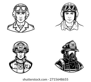 Una colección de ilustraciones en blanco y negro con diferentes héroes profesionales