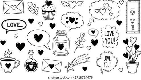 Una colección de ilustraciones en blanco y negro con corazones, símbolos de amor e íconos románticos para San Valentín