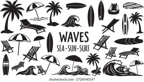 Una colección de ilustraciones en blanco y negro con Elementos de playa y surf, que incluyen olas, palmeras, tablas de surf y tumbonas.