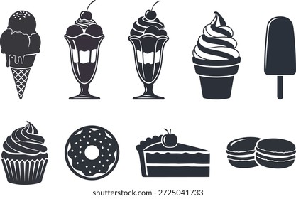 Una colección de ilustraciones en blanco y negro con helados, cupcakes, donuts, pastel y paletas sobre un fondo blanco