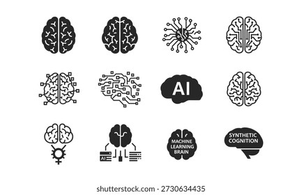 Sammlung von Schwarz-Weiß-Illustrationen mit verschiedenen Symbolen und Symbolen für Gehirn und KI auf weißem Hintergrund, einschließlich Logos und Grafiken