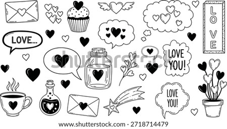 A collection of black and white illustrations featuring hearts, love symbols, and romantic icons for Valentine's Day