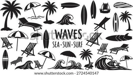 A collection of black and white illustrations featuring beach and surf elements, including waves, palm trees, sun, surfboards, and beach chairs.