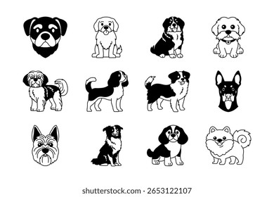 Collection of black and white illustrations icons of purebred dogs
