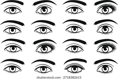 Una colección de ilustraciones en blanco y negro mostrando varias Formas de ojos y estilos de pestañas, destacando la diversidad en belleza y maquillaje.