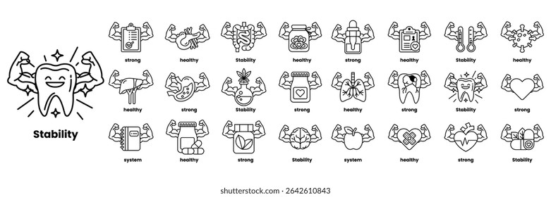A collection of black and white illustrations of various body parts and activities, including a smiling tooth. The images are arranged in a grid, with each one labeled with a word or phrase