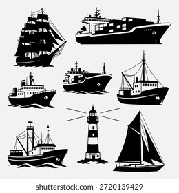 Collection of black and white illustrations of various ships and a lighthouse