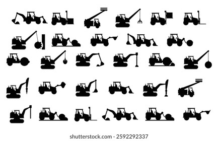 A collection of black and white images of a construction crane and a large excavator