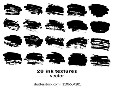 Collection of black and white ink backgrounds. Ink blots, stains, brush strokes on a white background