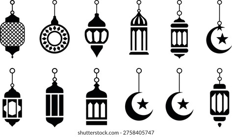 A collection of black and white Islamic lanterns and crescent moon icons for Ramadan decoration