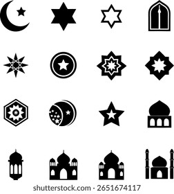 A collection of black and white islamic symbols including crescent moons, stars, and architectural designs. Features mosque silhouettes and geometric shapes.