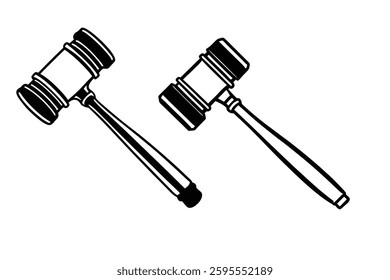 A collection of black and white judge's gavel illustrations, representing justice, law authority. Perfect for courtroom graphics, legal firm branding, attorney logos, and law-related design projects. 