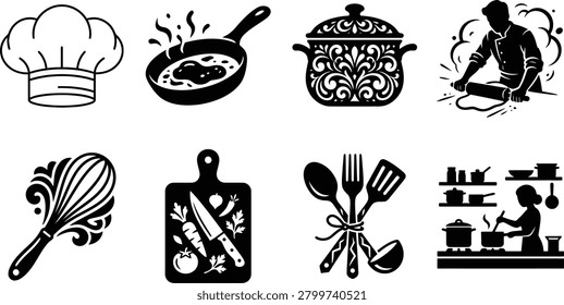 Collection of black and white kitchen vector silhouettes featuring chef hat frying pan decorative pot baker rolling dough whisk and cooking utensils