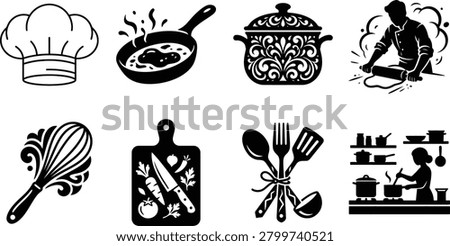 Collection of black and white kitchen vector silhouettes featuring chef hat frying pan decorative pot baker rolling dough whisk and cooking utensils
