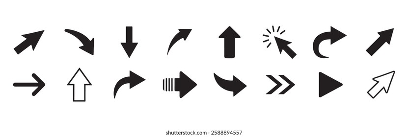 Collection of Black and White Left, Right, Arrow, Point, Pointer and Cursor Icons. A comprehensive set of various arrow and cursor icons in black and white.