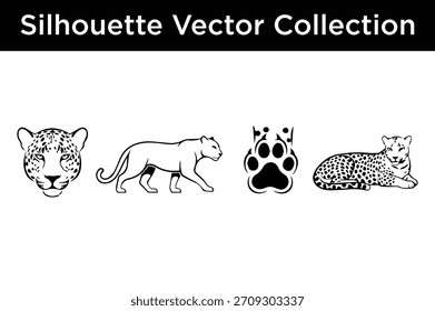 Collection of black and white leopard and jaguar vector silhouettes, featuring head, walking body, paw print, and resting pose.