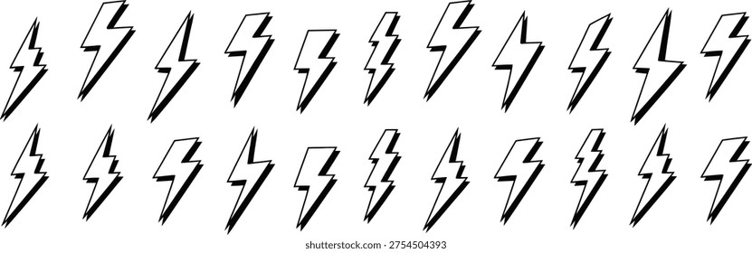 Collection of black and white lightning bolt icons with double lines and drop shadows isolated on a plain white background.
