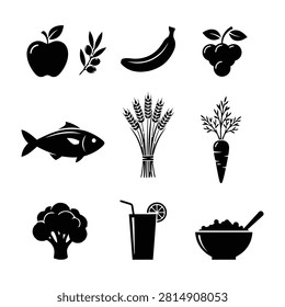 a collection of black and white line arranged in a grid. The include various plants such as leaves, cacti, pineapples, and palm trees, as well as animals like parrots, toucans, fish, and jellyfish. Additionally, there are like a tree, mushrooms (including a stylized mushroom cloud and spores), a wine bottle, wine glass, barrel, vase, and plant pots. The style is minimalist and monochrome, with each rendered in simple black lines against a white background, creating a clean and modern aesthetic.