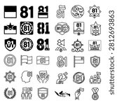 A collection of black and white line art icons featuring the number 81, flags, shields, and other related symbols.