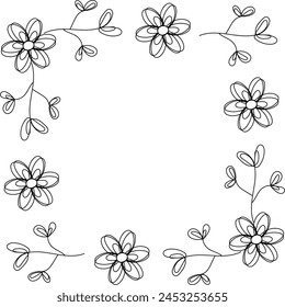 Collection of black and white line art flowers with vines, creating a frame-like border that could be used for decoration or as a design element.