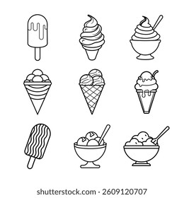 Collection of black and white line art vector icons of various ice cream types including cones, bowls, and popsicles on white background.