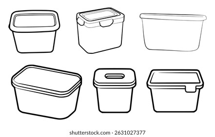 Coleção de ilustrações de arte em linha preta e branca que retratam recipientes de plástico para armazenamento de alimentos