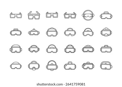 Collection of black and white line art icons depicting various VR headsets.
