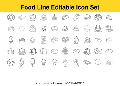 A collection of black and white line art icons representing various food items, including cakes, pastries, snacks, and desserts.