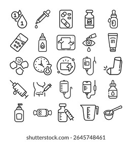 Uma coleção de ícones de arte em linha preta e branca que retratam tratamentos médicos, medicamentos e suprimentos relacionados à saúde, tudo em um fundo branco.